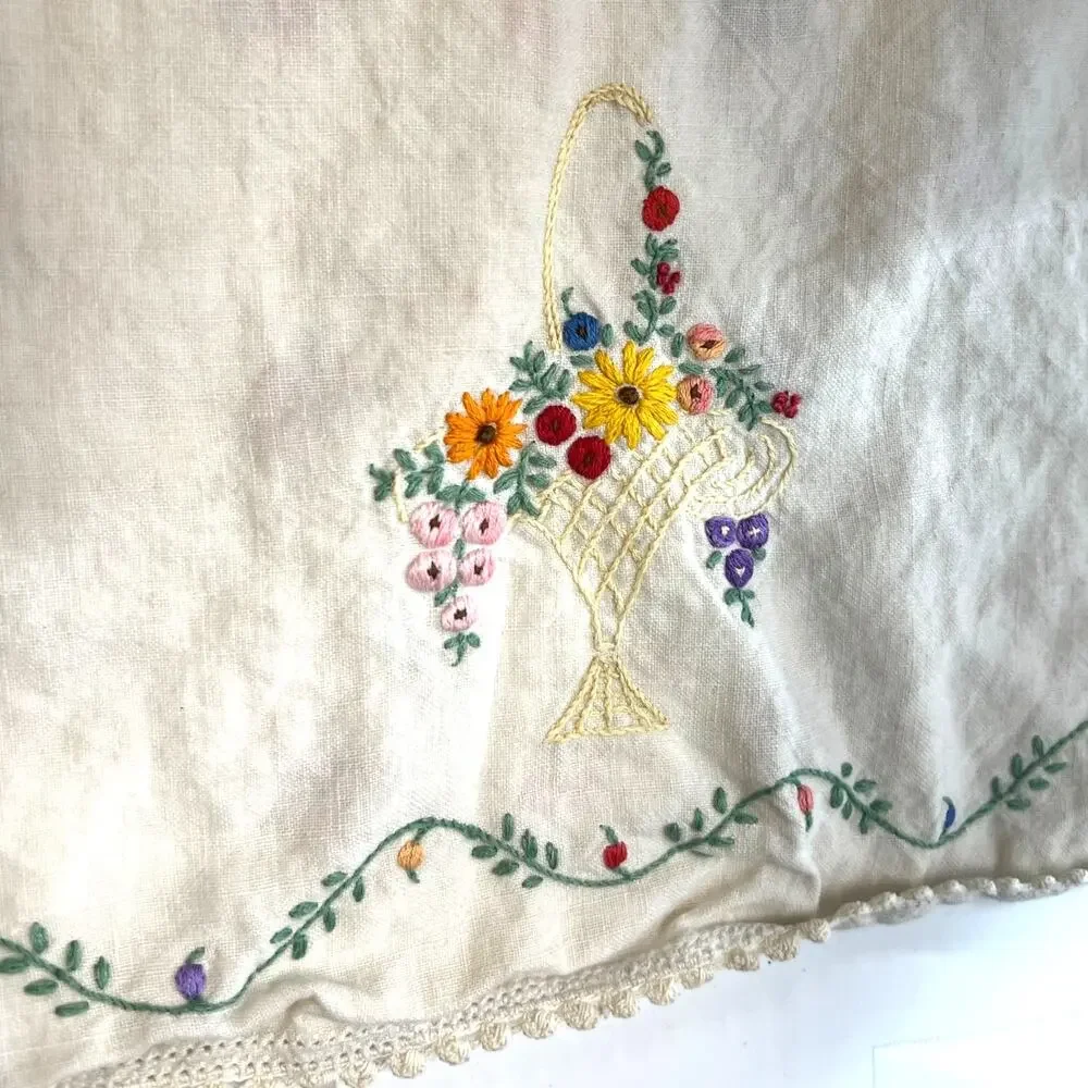Throw Pillow cover vintage hand-embroidered floral basket crocheted 16